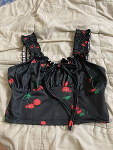Cherry Print Ruched Crop Top