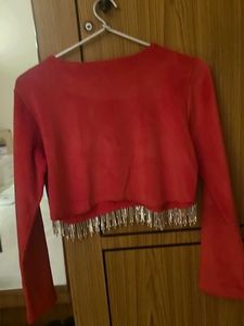 Red Cropped Top with Rhinestone Fringe