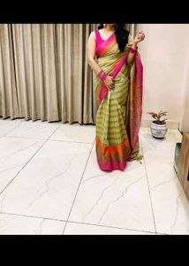 Green N Pink Saree with stiched blouse