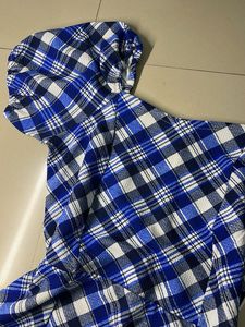 Blue, blue, black white checks, short mini dress w
