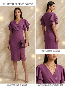 Elegant Premium Purple Flutter Sleeve Wrap Dress
