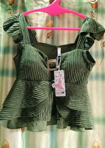 Chic Green Textured Peplum Top
