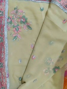 Teal &amp; Beige Embroidered Saree