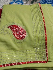 Elegant Lime Green Saree with Red Bandhani Border