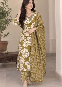 Olive Floral Kurta Set with Dupatta