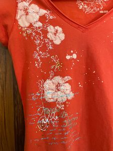 Orange V-Neck Floral Print T-Shirt