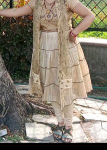 Elegant Beige Tiered Kurta Set with Dupatta