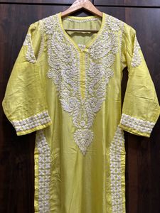 PURE SILK Elegant Yellow Chikankari Kurta Set