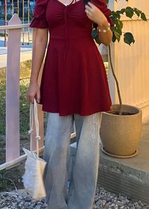 Maroon Puff Sleeve Flare Dress (XS)