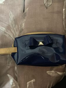 Chic Navy Blue Cosmetic Pouch with Bow Detail