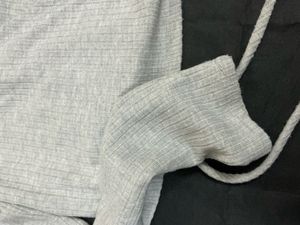 elegant Grey Ribbed Wrap Long Sleeve Top