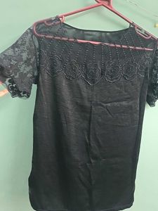 Chic Black Lace &amp; Embellished Sheer Neckline Top