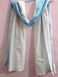 Elegant White cotton Dupatta with Blue Border