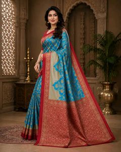 Elegant Turquoise Blue Floral Woven Saree with Mag