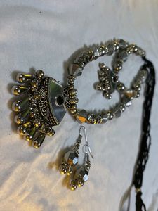 Designer Oxidised Silver Necklace and Earrings Set