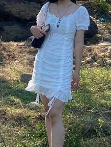 White Eyelet Ruched Mini Dress