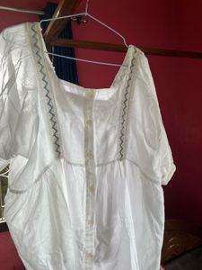 White Cotton Kurta with Embellished Neckline