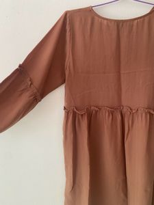 Women Nude A Line Dress With Puff Sleeve