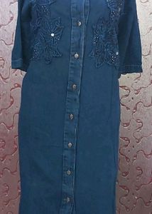 Blue Denim Long Kurti With Embellishment