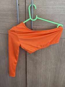 Orange One Shoulder Long Sleeve Crop Top
