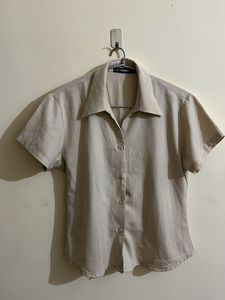 Classic Beige Short-Sleeve Button-Up Top