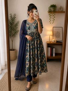 A blue green Nayra Pattern Anarkali Kurta with Dup