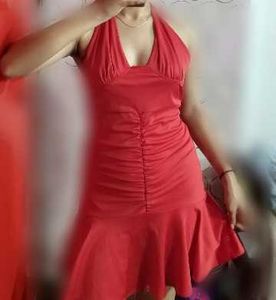 Elegant Red Ruched Halter Dress