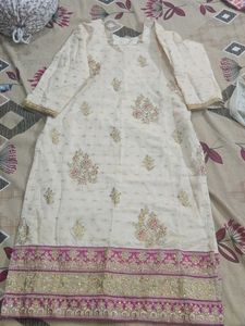 Embroidered Cream Kurta Suit