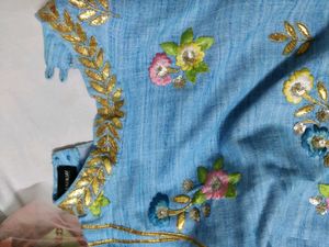 Sky Blue Embroidered Kurti And Skirt Set