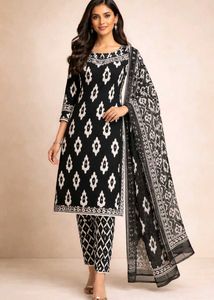 Chic Black &amp; White Ethnic Suit SetElegant three-pi