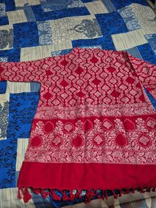 Red &amp; White Embroidered Kurta