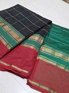 Elegant Black &amp; Red Checked Saree