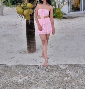 Chic Pink Ruffle Tube Top &amp; Skirt Set