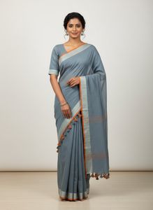 Elegant Grey Cotton Saree with Tassels