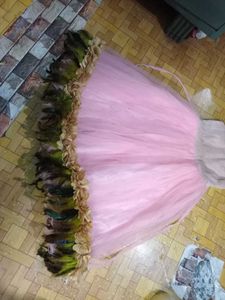 Sparkling Pink Tulle Gown with Feather Trim