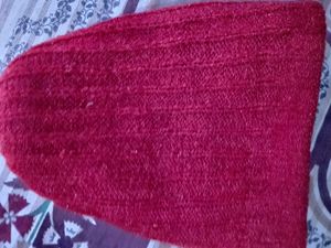Knitted Red &amp; Beige Beanie Hat with Flower