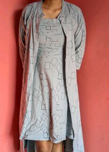 Grey Geometric Print Dress with Overlay