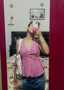Chic Pink Gingham Halter Top