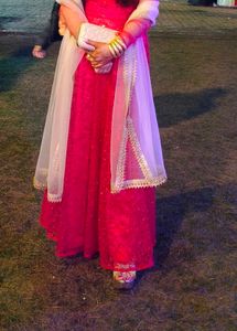 Elegant Pink Lace Gown with Dupatta