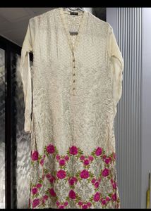 Elegant Cream Kurta Set with Pink Dupatta
