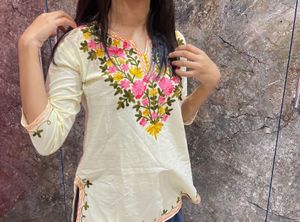 Embroidered Cream Kurti