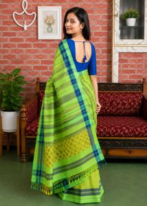 Vibrant Green &amp; Blue Checkered Saree
