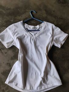 White V-Neck T-Shirt with Text Detail