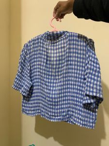 Blue Gingham Crinkle Tunic Top