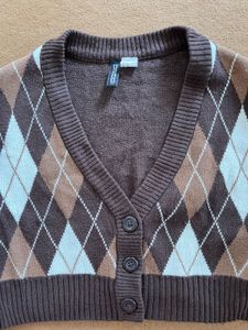 Brown Argyle V-Neck Cardigan