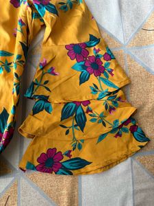 Yellow Floral Print Bell Sleeve Top