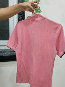 Pink Zip Neck Ribbed Top