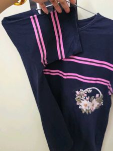 Navy Blue T-Shirt with Pink Stripes &amp; Floral Desig