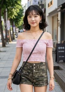 Smocked Off-Shoulder Top & Camo Shorts Set