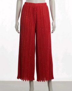 Red Pleated Wed Leg Sparkle Pants, Palazo